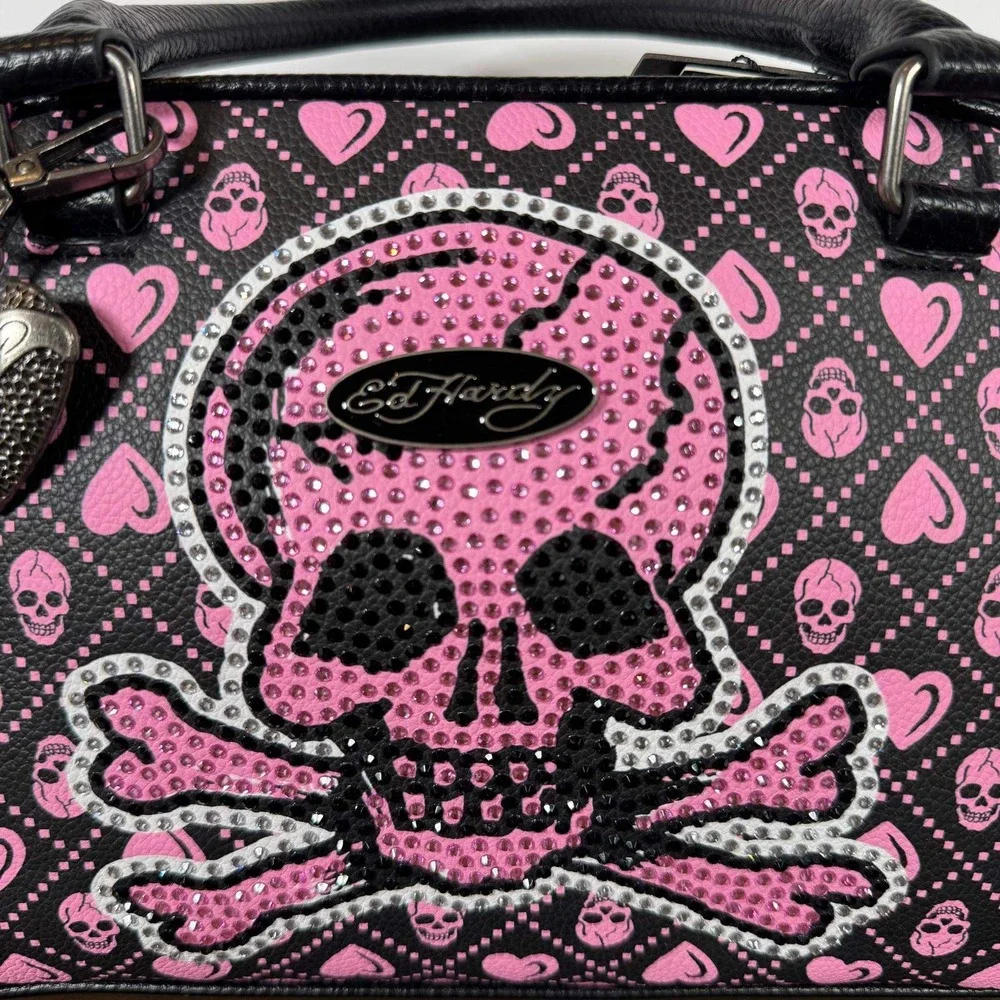 Ed Hardy Satchel Handbag Black Pink Skull Hearts Rhinestone Vegan Leather Purse